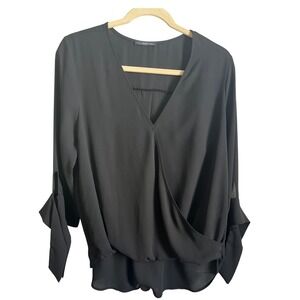 West Kei Black Wrap Front V-Neck Blouse with Tie Cuffs TU 37491 Large